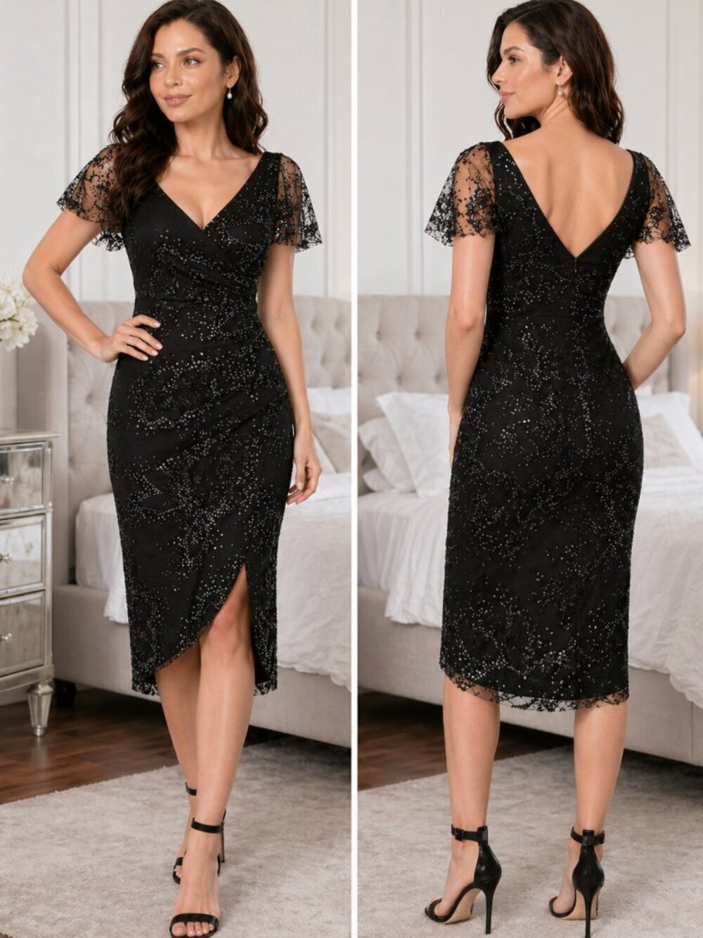 NWT Marchesa Notte Black Lace V-Neck Flocked Midi Dress $495